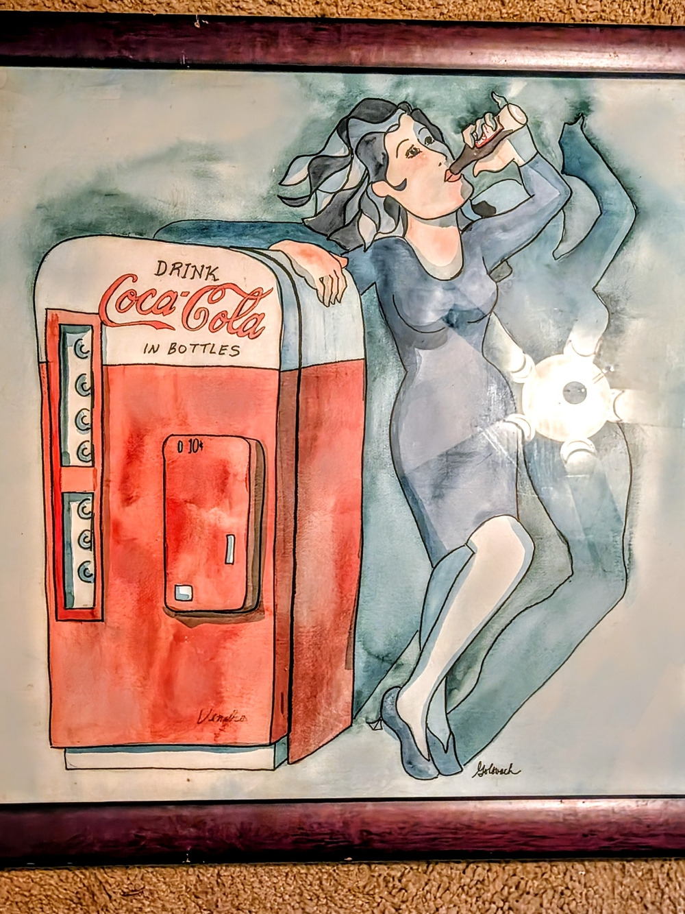 Coca Cola Retro Red & Blue Woman Drinking Wall Art